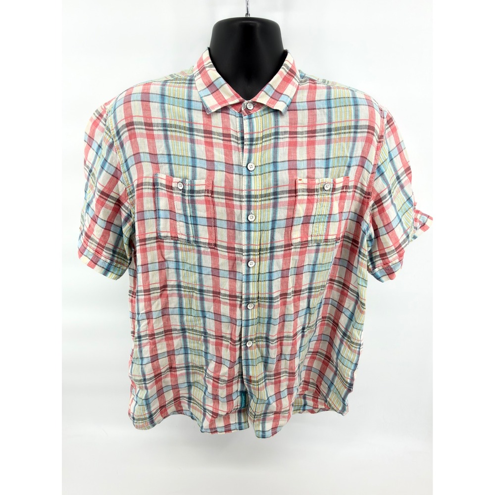 Tommy Bahama Relax Button Up Mens Large Multi Color Plaid Linen Short Sleeve